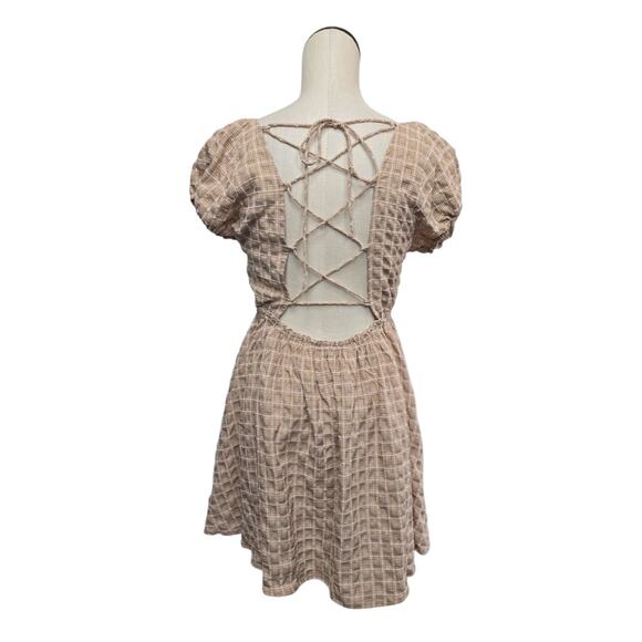 Mabel Brown Plaid Cottage Core Dress Size Medium‎ Puff Sleeve Lace Up Back - Picture 2 of 9